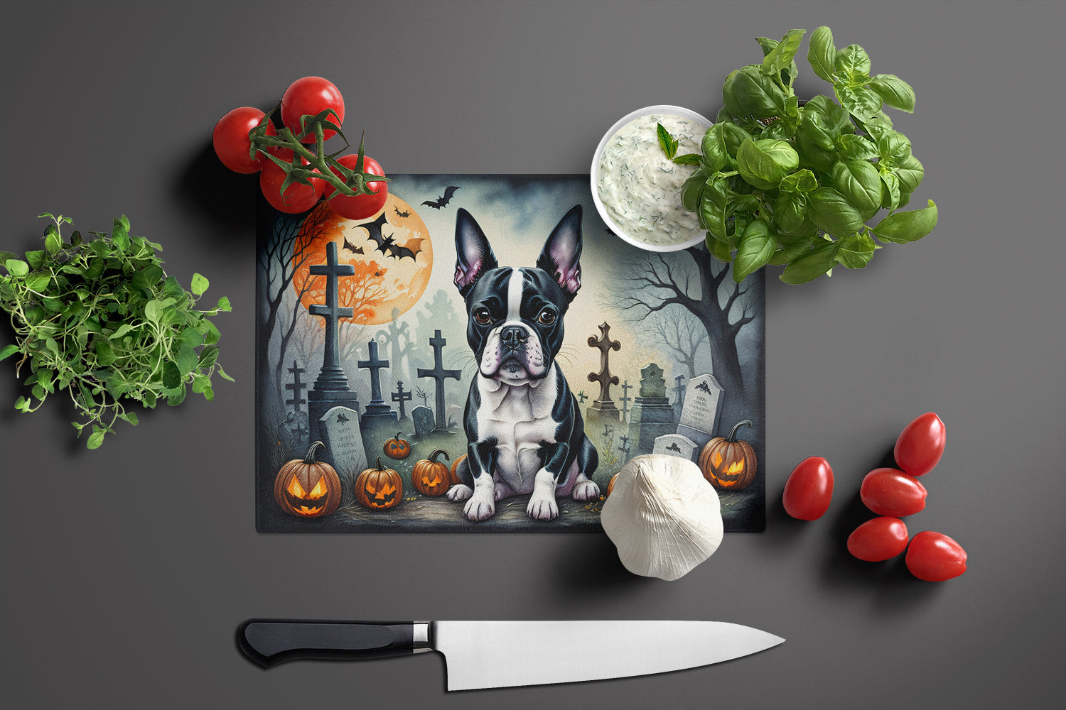 Boston Terrier Spooky Halloween Cutting Board Tempered Glass Kitchen Cutting Surface, Heat Resistant Chopping, Non-Slip Feet, Food Prep & Serving