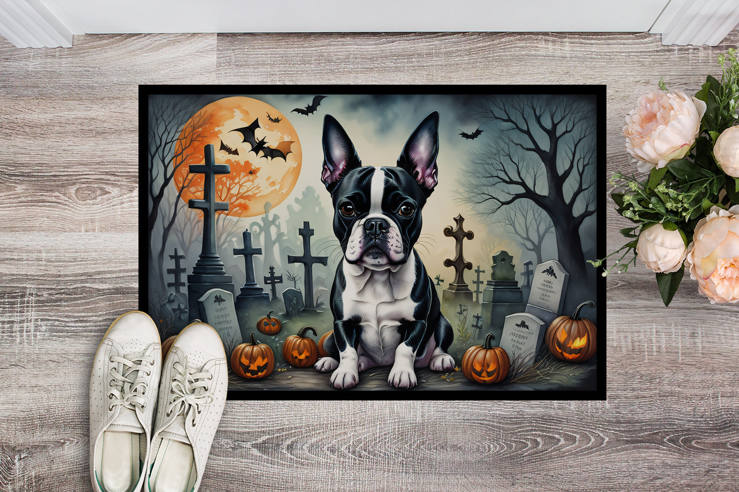 Boston Terrier Spooky Halloween Doormat Indoor Outdoor 18H X 27W Front Door Mat Rugs for Entryway, Non Slip Washable