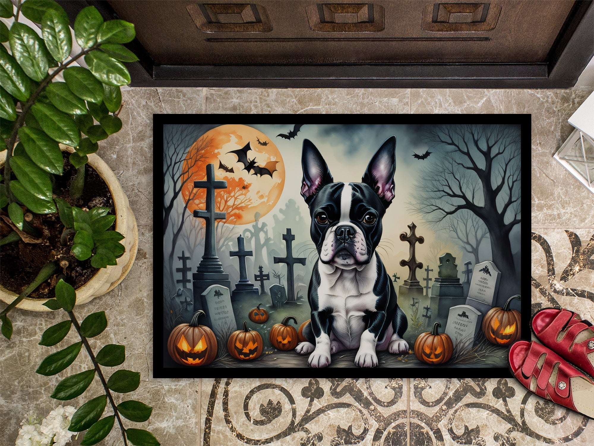 Boston Terrier Spooky Halloween Doormat Indoor Outdoor 18H X 27W Front Door Mat Rugs for Entryway, Non Slip Washable