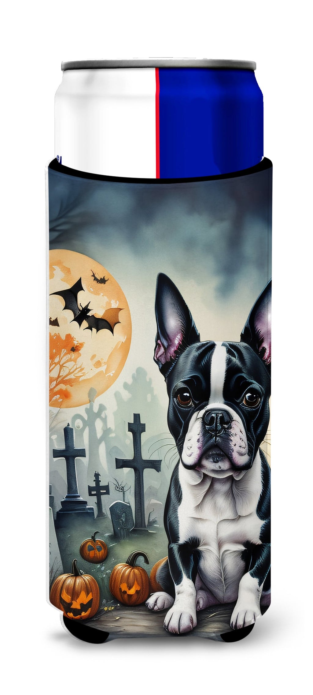 Boston Terrier Spooky Halloween Slim Can Hugger , Insulated Foam Hugger for 12 oz Slim Cans, Beer Bottles & Water Bottles, Printed in USA
