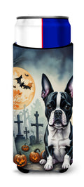 Boston Terrier Spooky Halloween Slim Can Hugger , Insulated Foam Hugger for 12 oz Slim Cans, Beer Bottles & Water Bottles, Printed in USA
