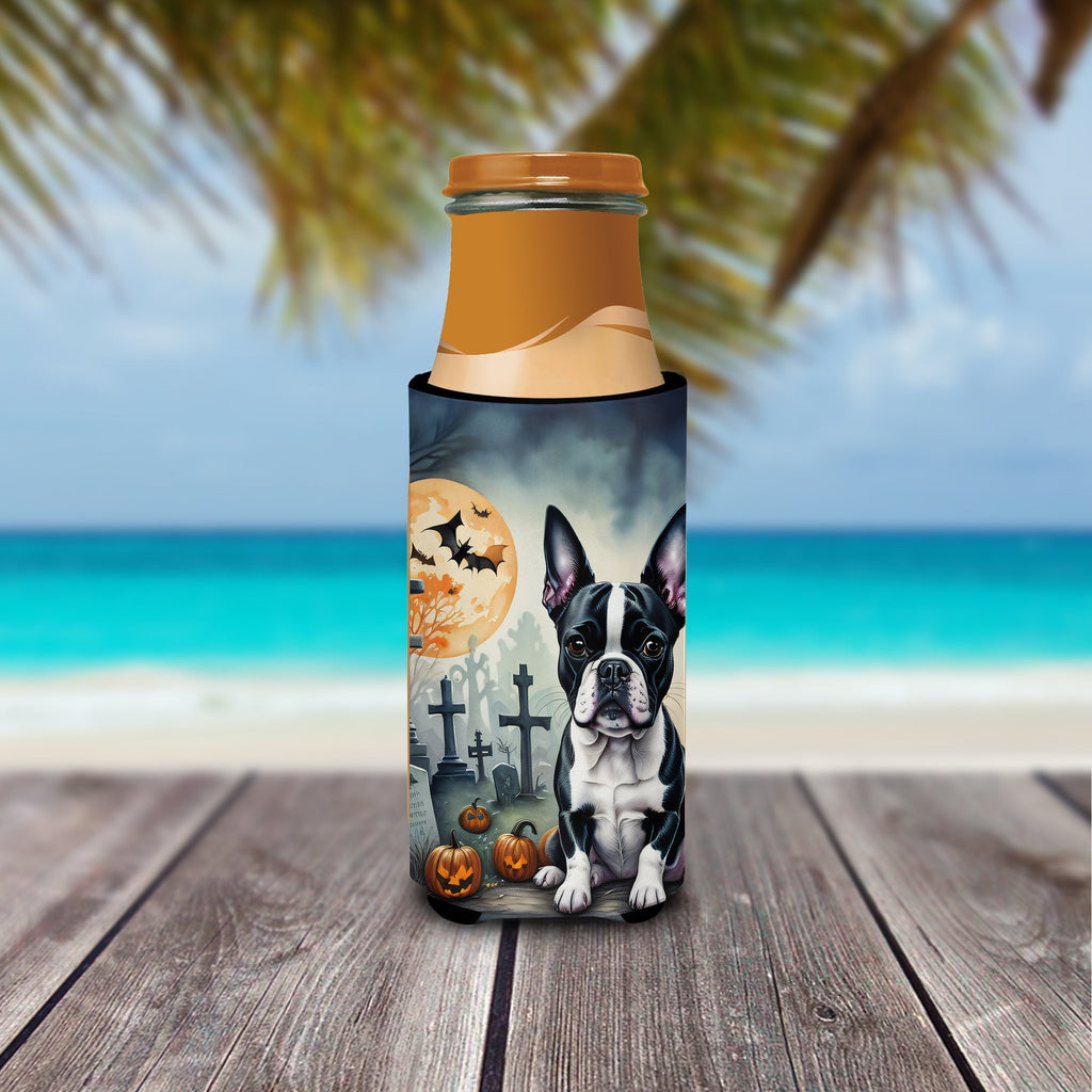 Boston Terrier Spooky Halloween Slim Can Hugger , Insulated Foam Hugger for 12 oz Slim Cans, Beer Bottles & Water Bottles, Printed in USA