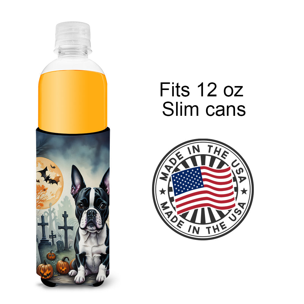 Boston Terrier Spooky Halloween Slim Can Hugger , Insulated Foam Hugger for 12 oz Slim Cans, Beer Bottles & Water Bottles, Printed in USA