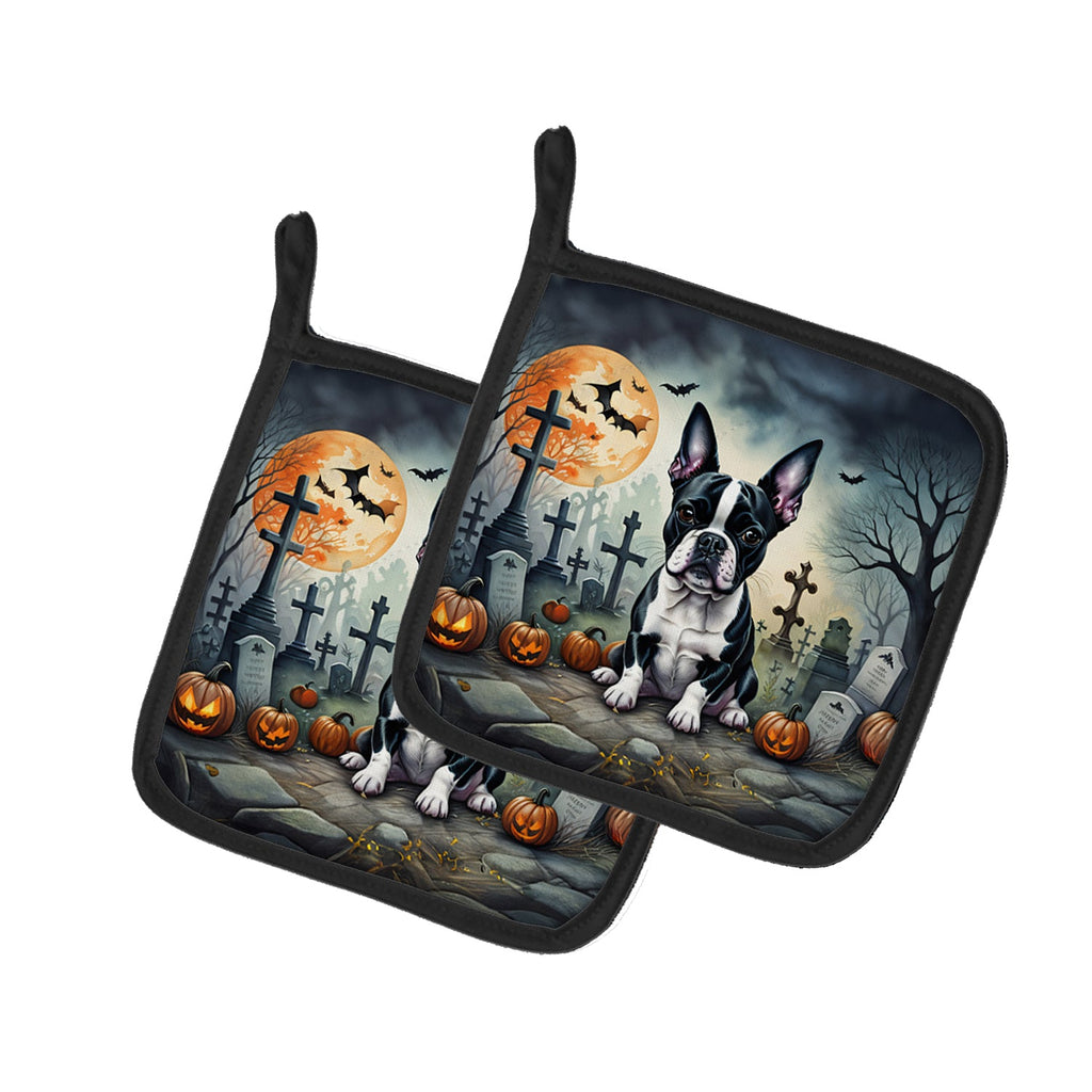 Boston Terrier Spooky Halloween Pot Holder Set of 2 Heat Resistant Quilted Hot Pads 7.5 x 7.5 Inch, Insulated Kitchen Trivets for Cooking & Baking
