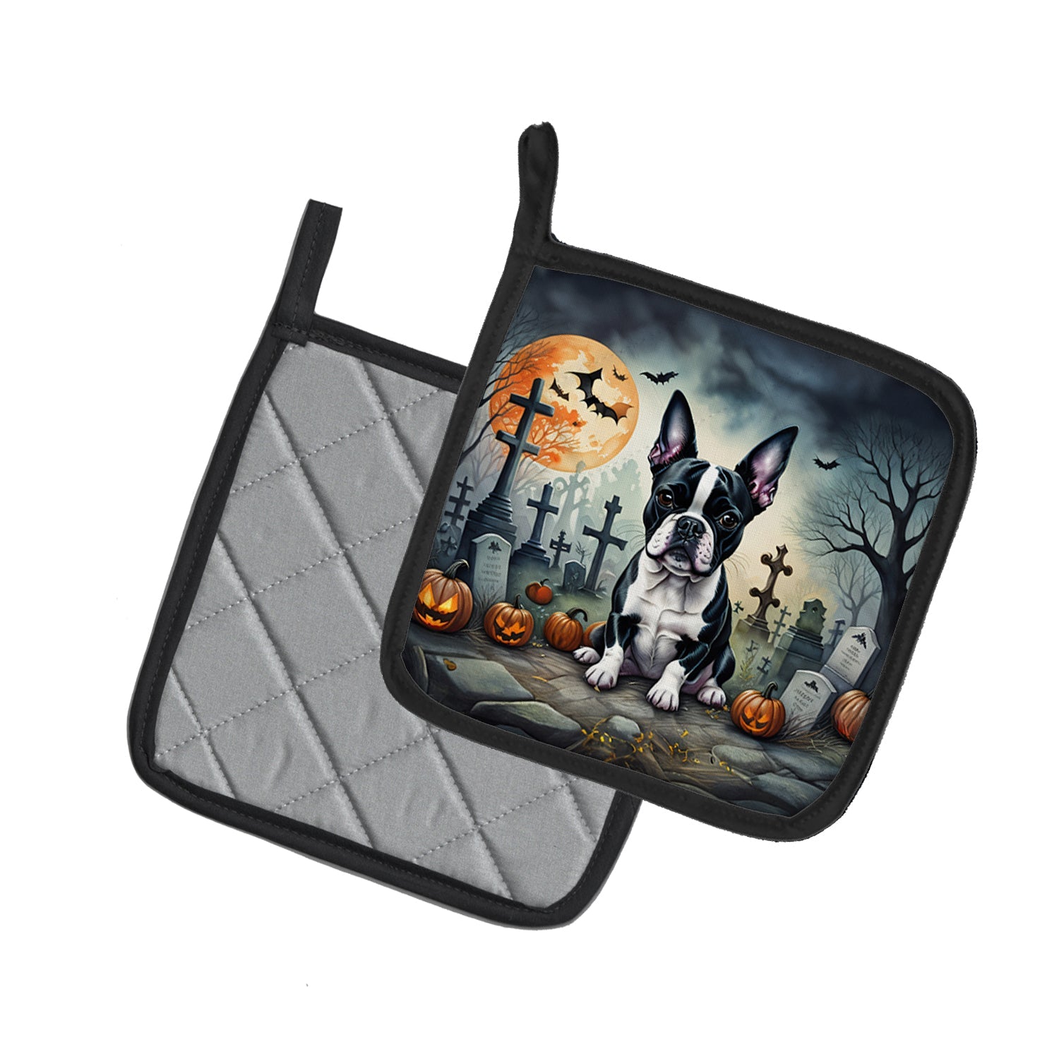 Boston Terrier Spooky Halloween Pot Holder Set of 2 Heat Resistant Quilted Hot Pads 7.5 x 7.5 Inch, Insulated Kitchen Trivets for Cooking & Baking