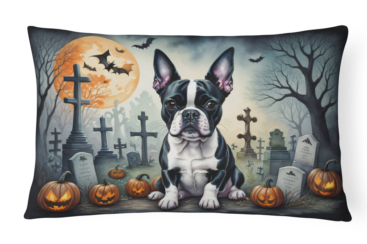 Boston Terrier Spooky Halloween Decorative Throw Pillow 12x16 Indoor Outdoor Accent Cushion, Fabric Cover with Insert for Sofa, Bed, Porch & Living Room