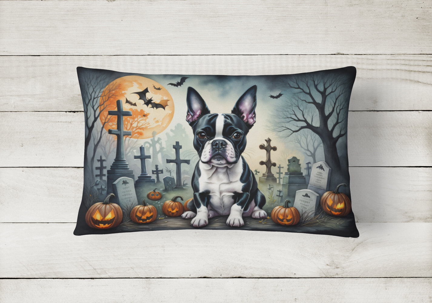 Boston Terrier Spooky Halloween Decorative Throw Pillow 12x16 Indoor Outdoor Accent Cushion, Fabric Cover with Insert for Sofa, Bed, Porch & Living Room