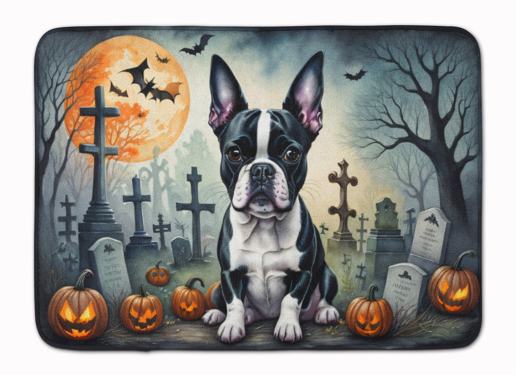 Boston Terrier Spooky Halloween Memory Foam Kitchen Mat Machine Washable Anti-Fatigue Cushion Comfort Bath or Kitchen Rug