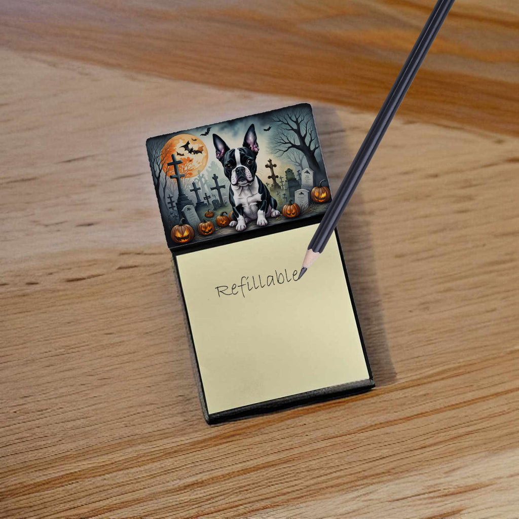 Boston Terrier Spooky Halloween Watercolor Sticky Note Holder Refillable Dispenser Desk Accessory 3x3 Pad Gift