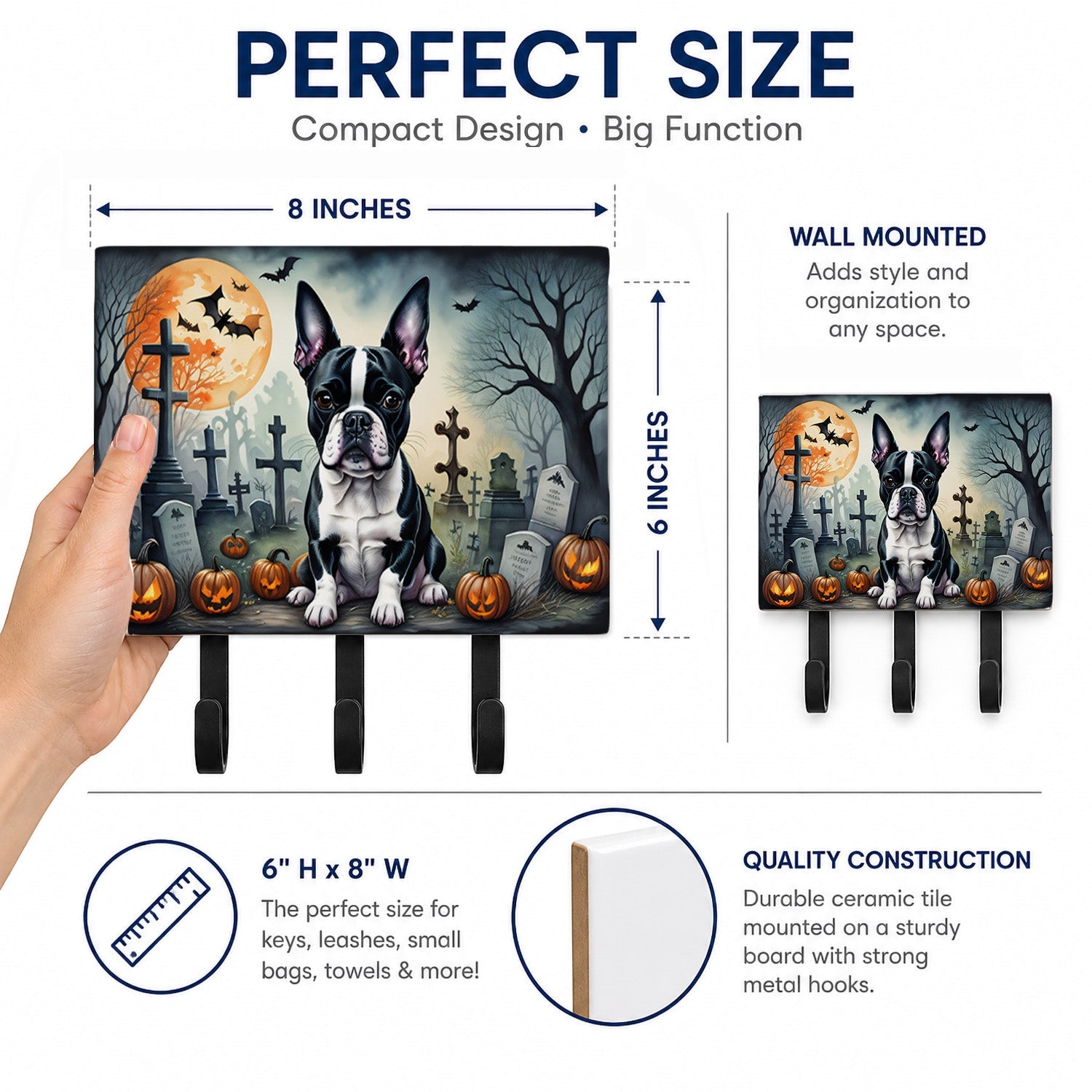 Boston Terrier Spooky Halloween Leash or Key Holder Wall Hooks, Coat Rack Wall Mount, for Hanging Keys, Towels, Aprons, Leashes