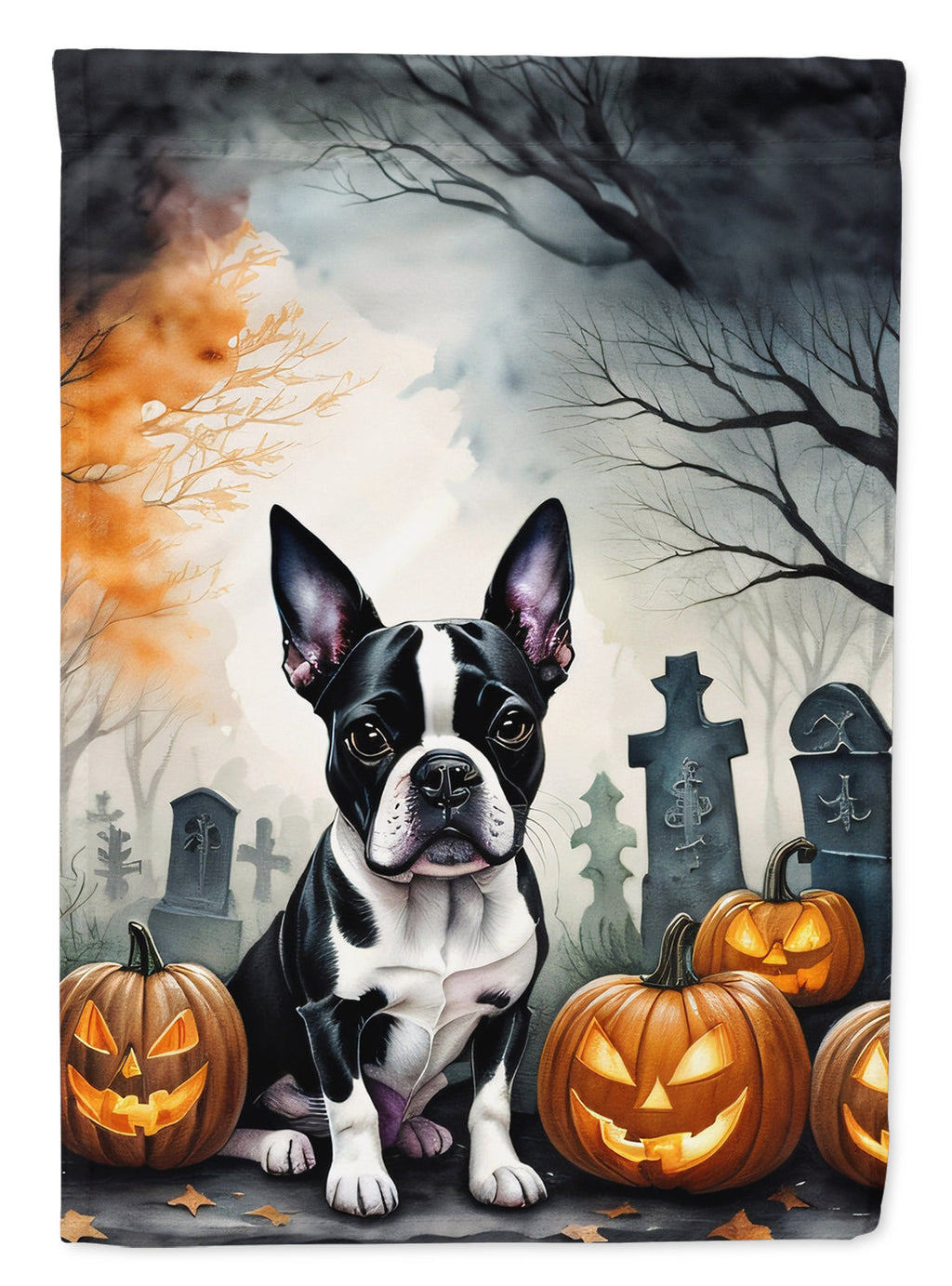 Boston Terrier Spooky Halloween House Flag 28x40 Porch Sleeve Pole Decorative Outside Yard Banner Artwork Wall Hanging, Polyester