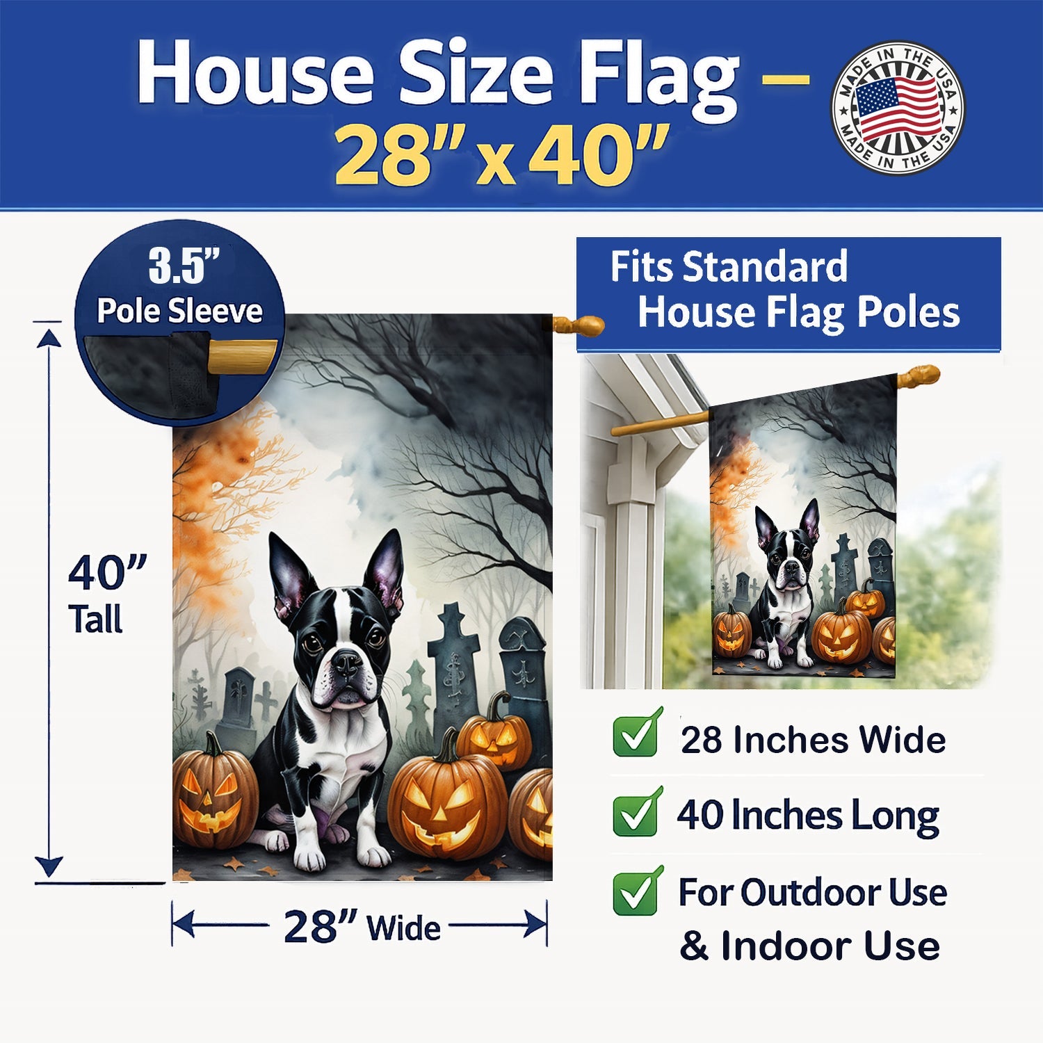 Boston Terrier Spooky Halloween House Flag 28x40 Porch Sleeve Pole Decorative Outside Yard Banner Artwork Wall Hanging, Polyester