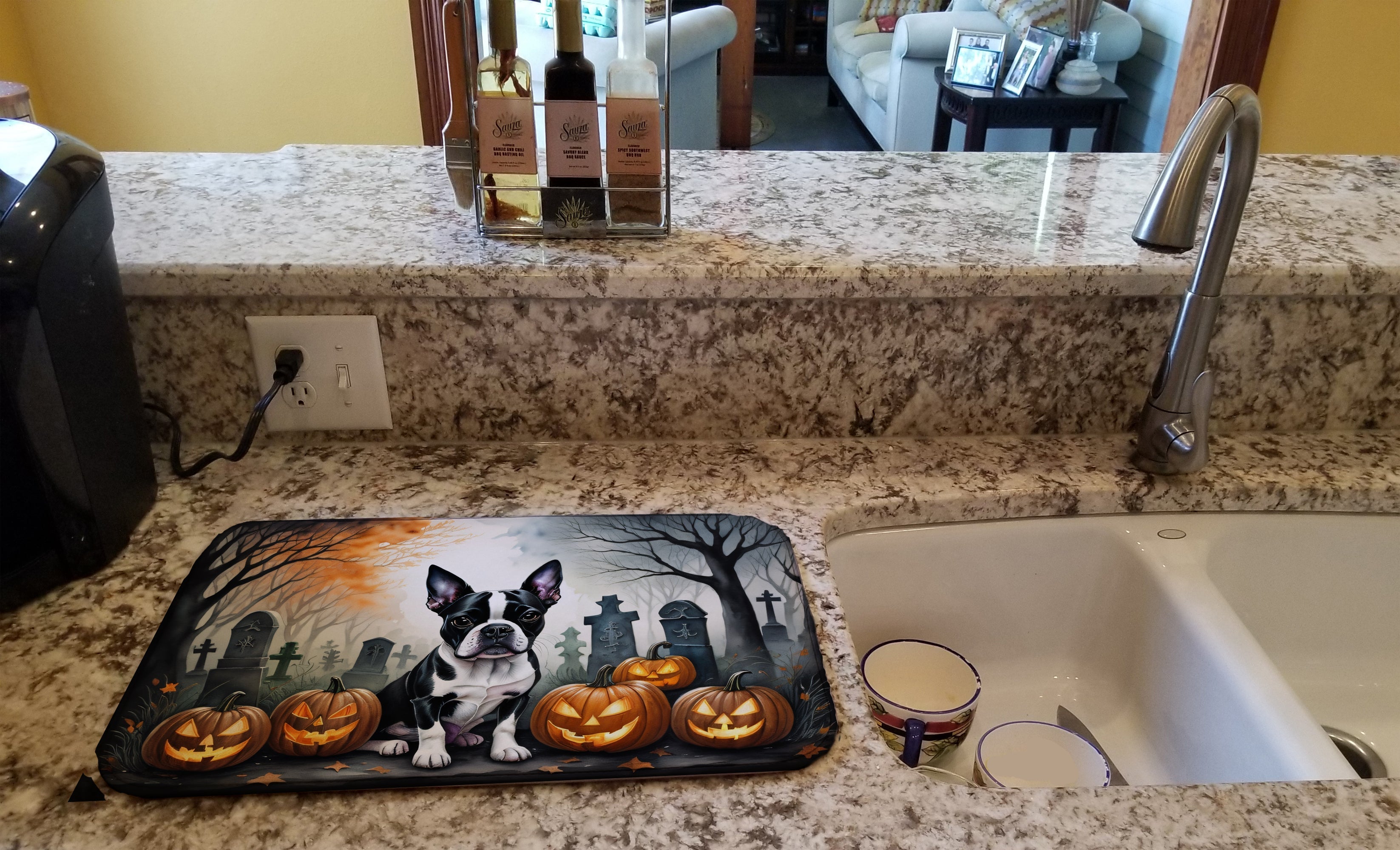 Boston Terrier Spooky Halloween Dish Drying Mat Absorbent Dish Drying Mat Pad for Kitchen Counter Dish Drainer Mat for Countertop, 14 x 21", Multicolor
