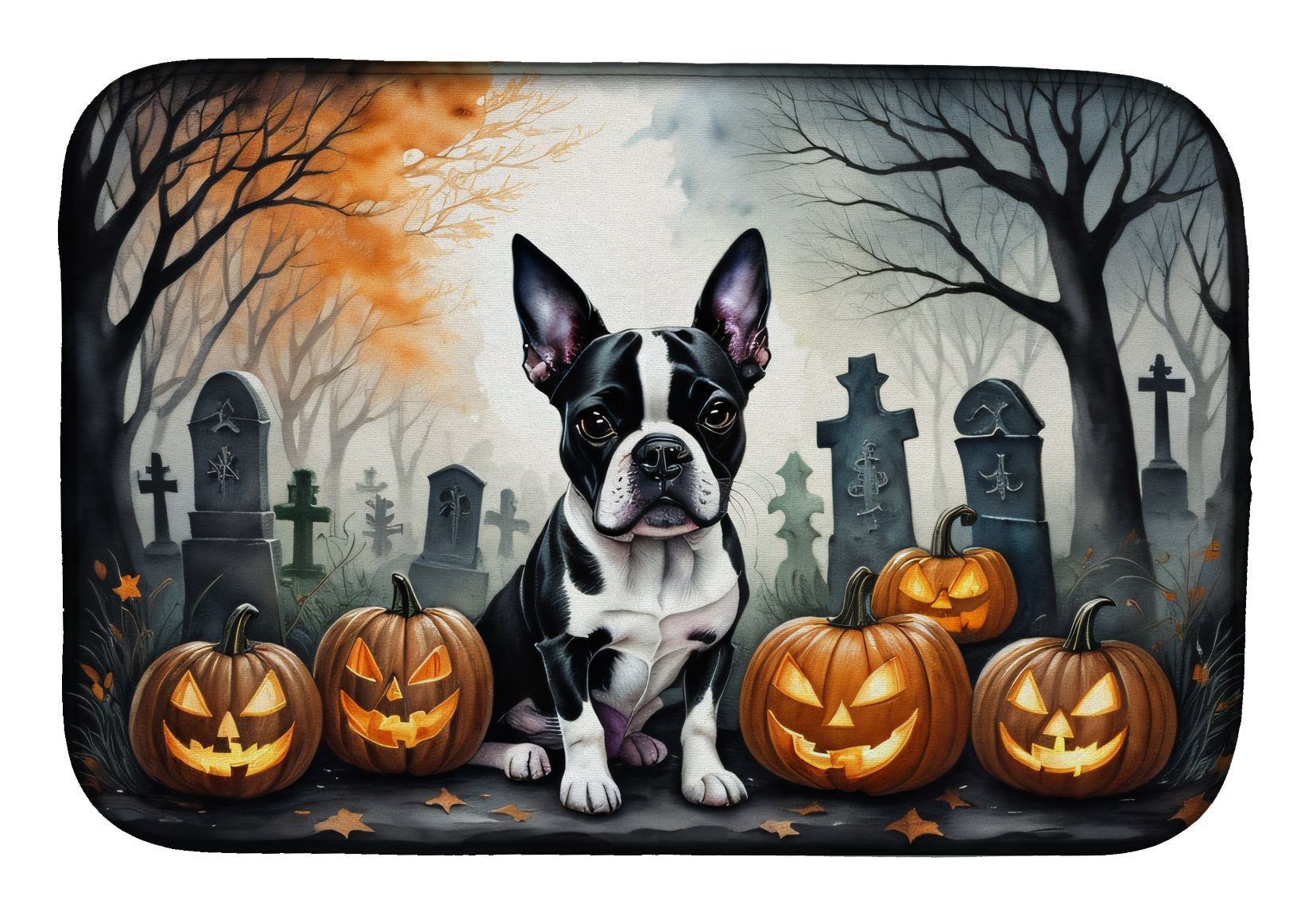Boston Terrier Spooky Halloween Dish Drying Mat Absorbent Dish Drying Mat Pad for Kitchen Counter Dish Drainer Mat for Countertop, 14 x 21", Multicolor