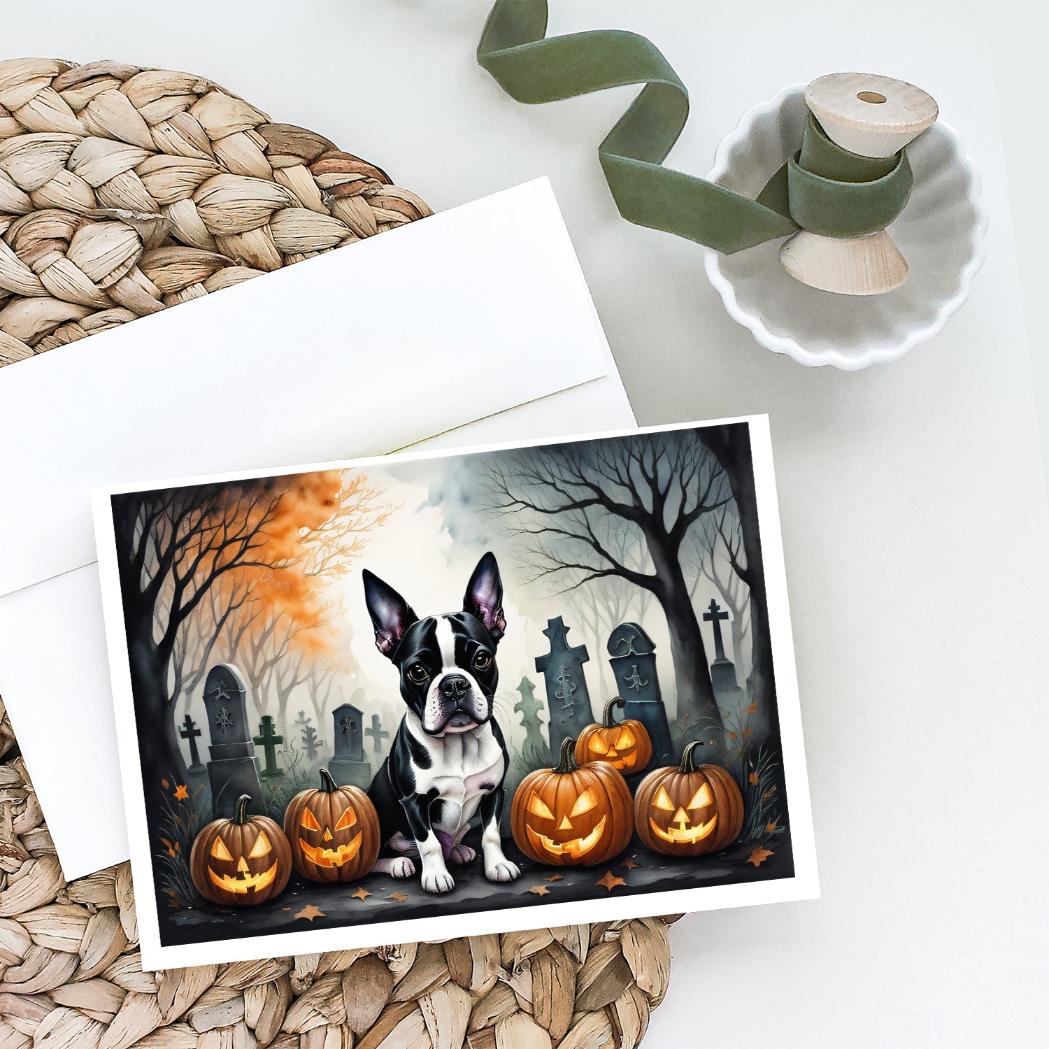 Boston Terrier Spooky Halloween Greeting Cards Pack of 8 Blank Cards with Envelopes Whimsical A7 Size 5x7