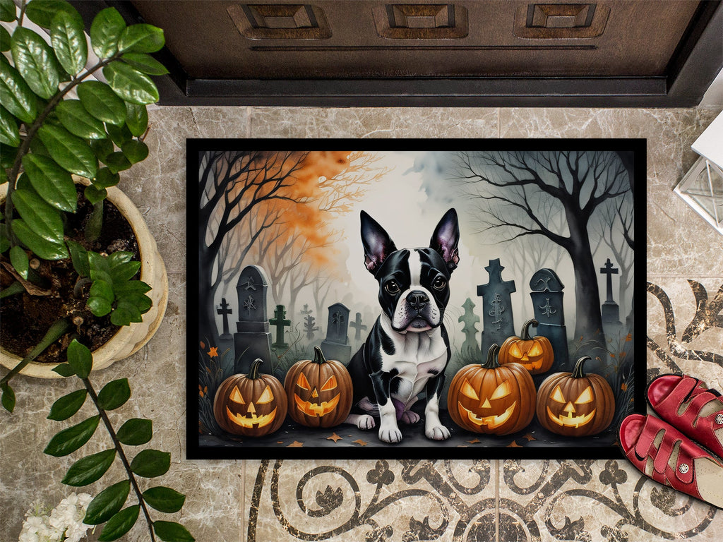 Boston Terrier Spooky Halloween Doormat Indoor Outdoor 24H X 36W Front Door Mat Rugs for Entryway, Non Slip Washable Low Pile,