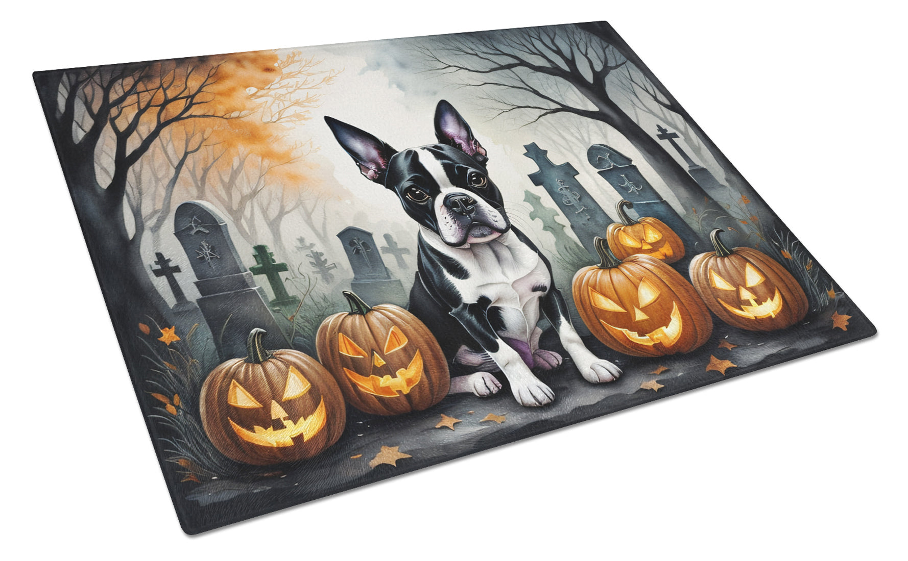 Boston Terrier Spooky Halloween Cutting Board Tempered Glass Kitchen Cutting Surface, Heat Resistant Chopping, Non-Slip Feet, Food Prep & Serving