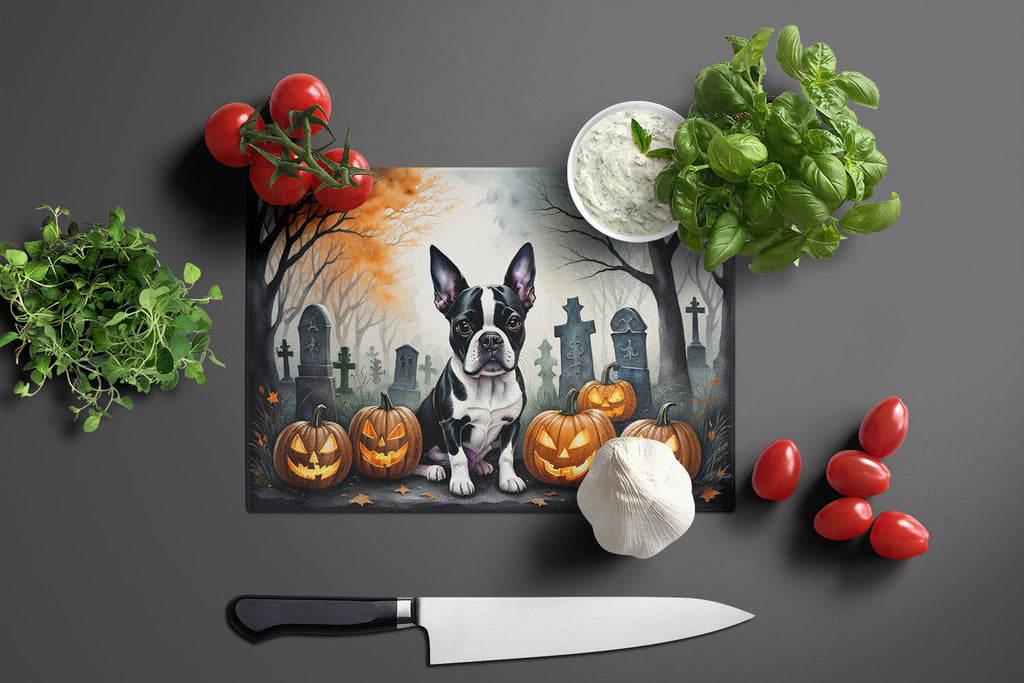Boston Terrier Spooky Halloween Cutting Board Tempered Glass Kitchen Cutting Surface, Heat Resistant Chopping, Non-Slip Feet, Food Prep & Serving