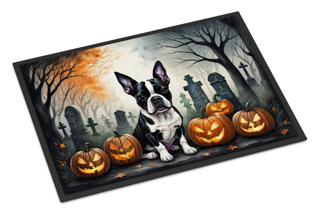 Boston Terrier Spooky Halloween Doormat Indoor Outdoor 18H X 27W Front Door Mat Rugs for Entryway, Non Slip Washable