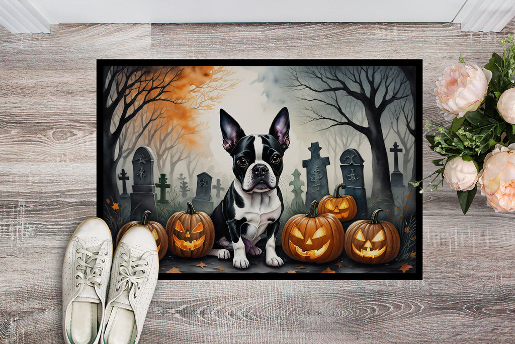 Boston Terrier Spooky Halloween Doormat Indoor Outdoor 18H X 27W Front Door Mat Rugs for Entryway, Non Slip Washable