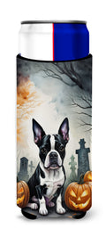 Boston Terrier Spooky Halloween Slim Can Hugger , Insulated Foam Hugger for 12 oz Slim Cans, Beer Bottles & Water Bottles, Printed in USA