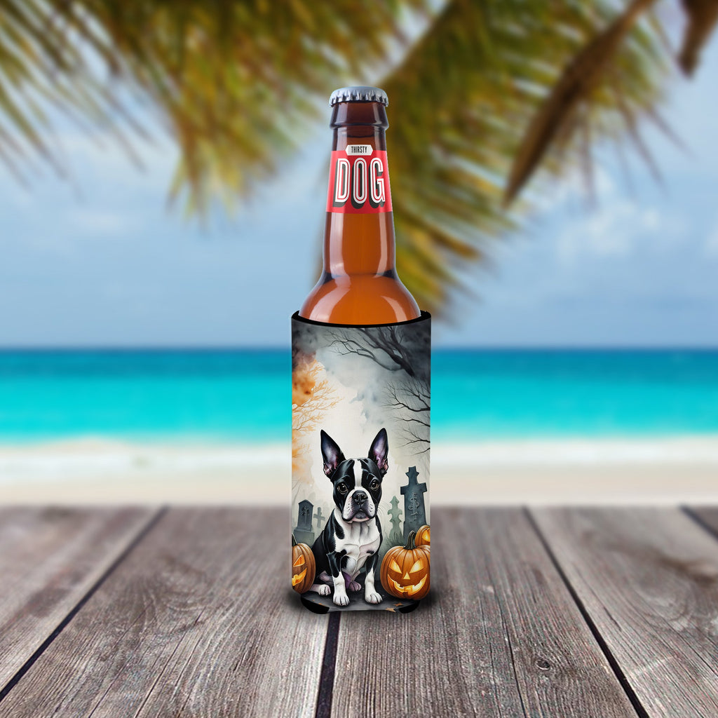 Boston Terrier Spooky Halloween Slim Can Hugger , Insulated Foam Hugger for 12 oz Slim Cans, Beer Bottles & Water Bottles, Printed in USA