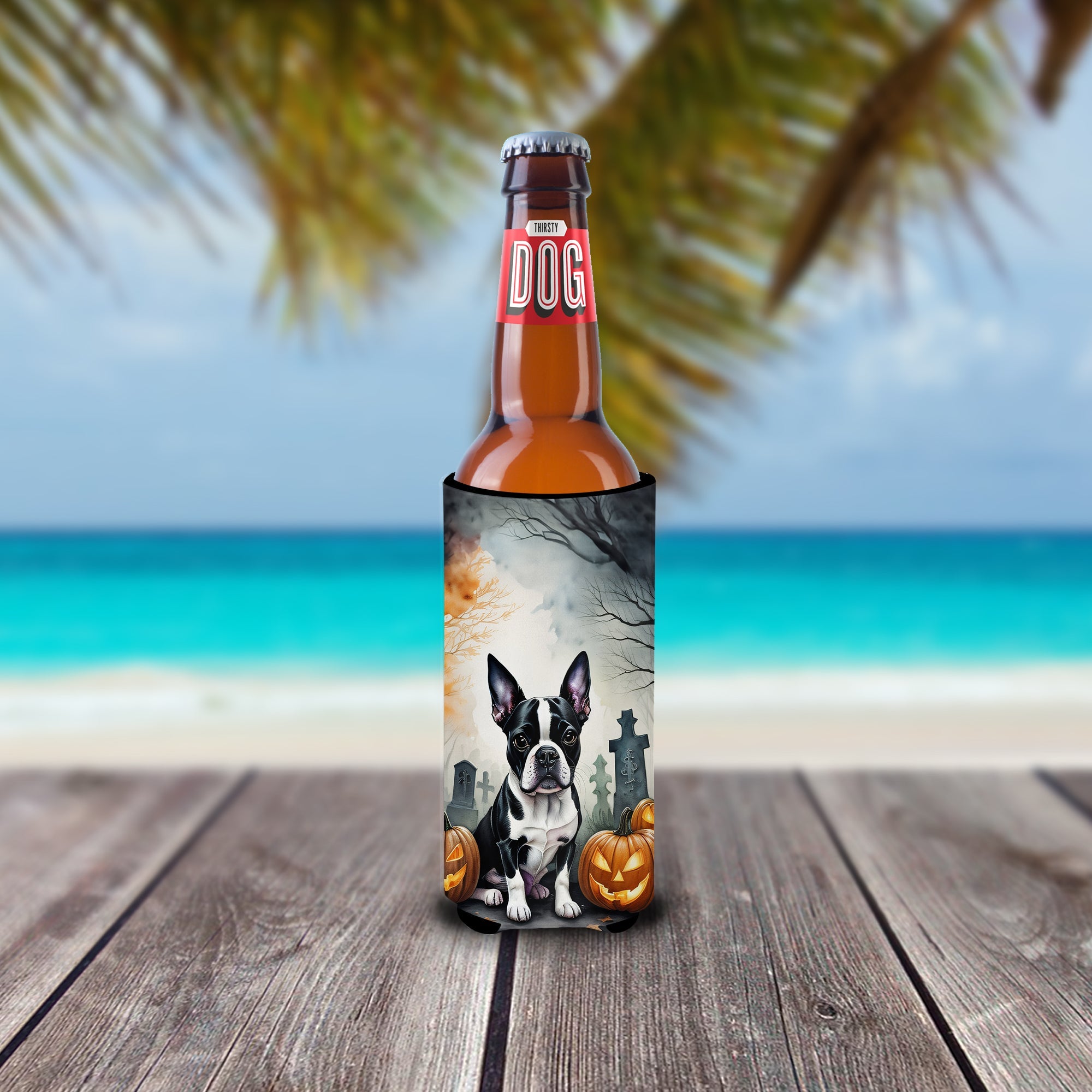 Boston Terrier Spooky Halloween Slim Can Hugger , Insulated Foam Hugger for 12 oz Slim Cans, Beer Bottles & Water Bottles, Printed in USA