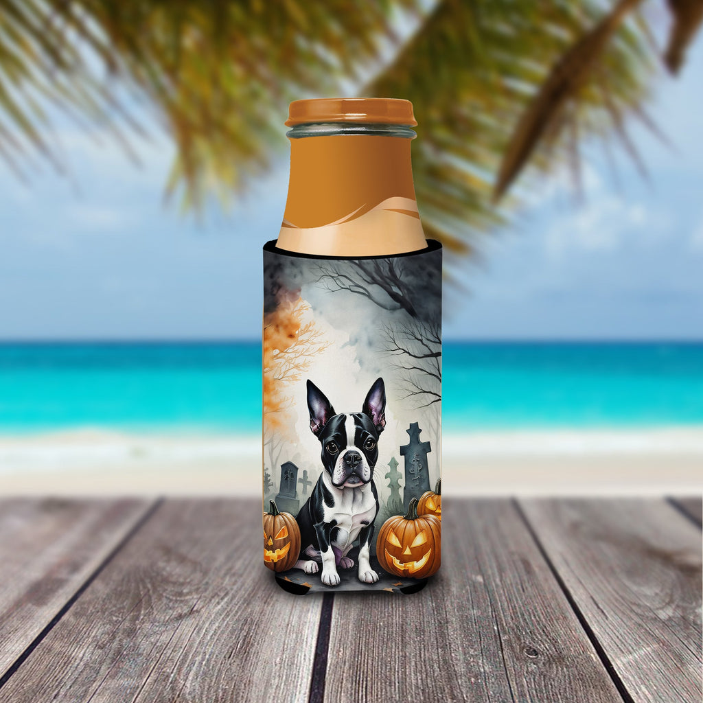Boston Terrier Spooky Halloween Slim Can Hugger , Insulated Foam Hugger for 12 oz Slim Cans, Beer Bottles & Water Bottles, Printed in USA