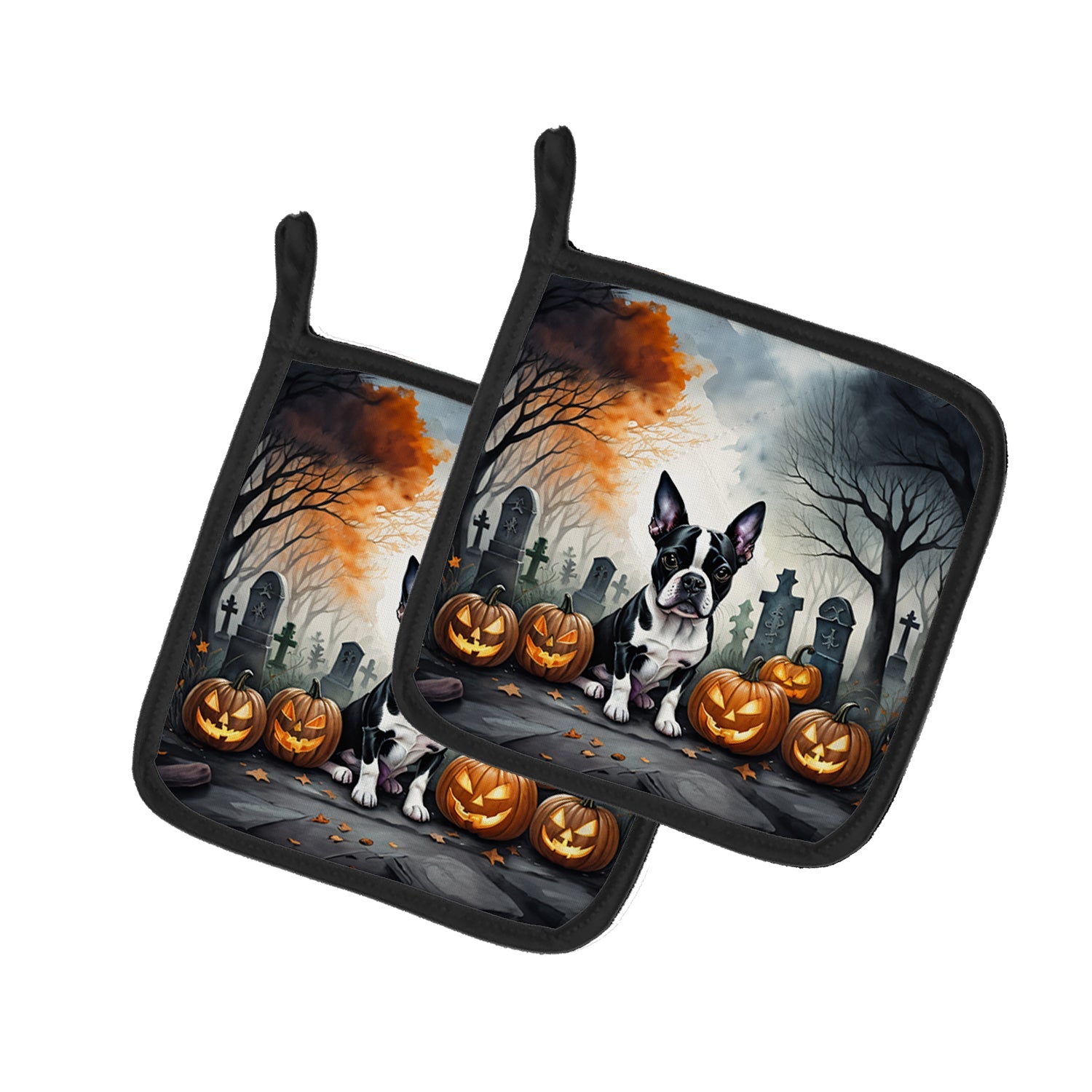 Boston Terrier Spooky Halloween Pot Holder Set of 2 Heat Resistant Quilted Hot Pads 7.5 x 7.5 Inch, Insulated Kitchen Trivets for Cooking & Baking