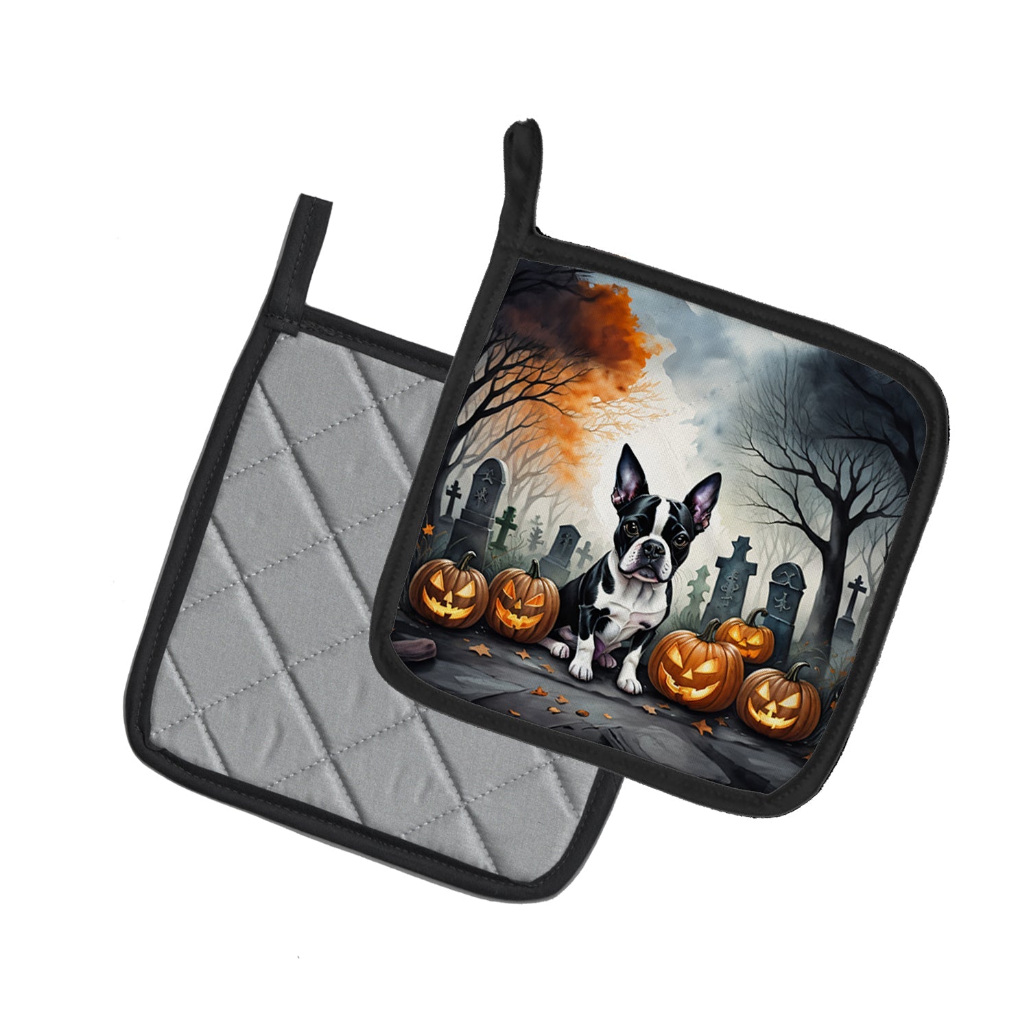 Boston Terrier Spooky Halloween Pot Holder Set of 2 Heat Resistant Quilted Hot Pads 7.5 x 7.5 Inch, Insulated Kitchen Trivets for Cooking & Baking