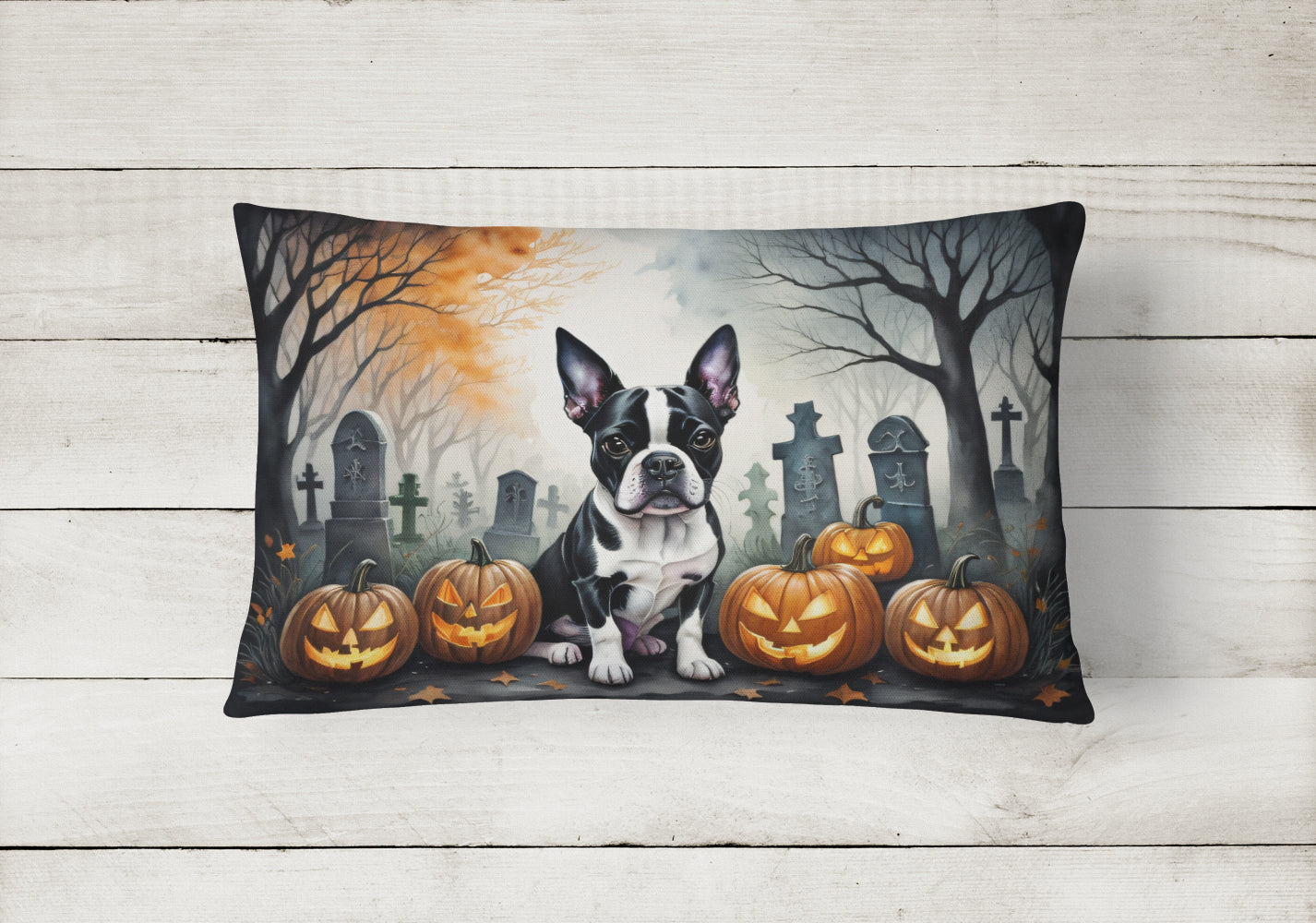 Boston Terrier Spooky Halloween Decorative Throw Pillow 12x16 Indoor Outdoor Accent Cushion, Fabric Cover with Insert for Sofa, Bed, Porch & Living Room