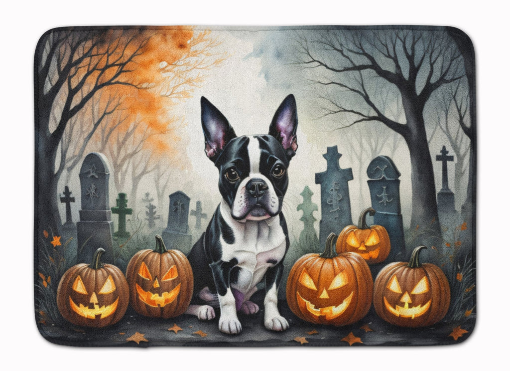 Boston Terrier Spooky Halloween Memory Foam Kitchen Mat Machine Washable Anti-Fatigue Cushion Comfort Bath or Kitchen Rug