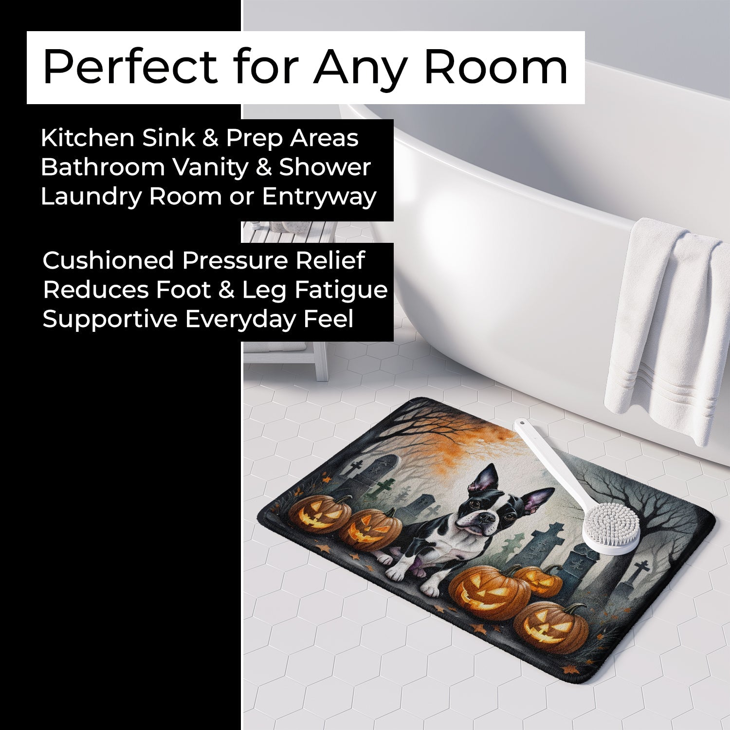 Boston Terrier Spooky Halloween Memory Foam Kitchen Mat Machine Washable Anti-Fatigue Cushion Comfort Bath or Kitchen Rug