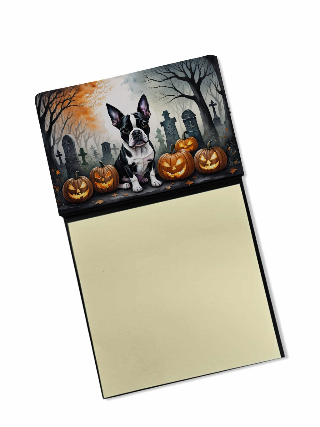 Boston Terrier Spooky Halloween Watercolor Sticky Note Holder Refillable Dispenser Desk Accessory 3x3 Pad Gift