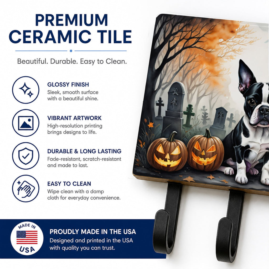 Boston Terrier Spooky Halloween Leash or Key Holder Wall Hooks, Coat Rack Wall Mount, for Hanging Keys, Towels, Aprons, Leashes