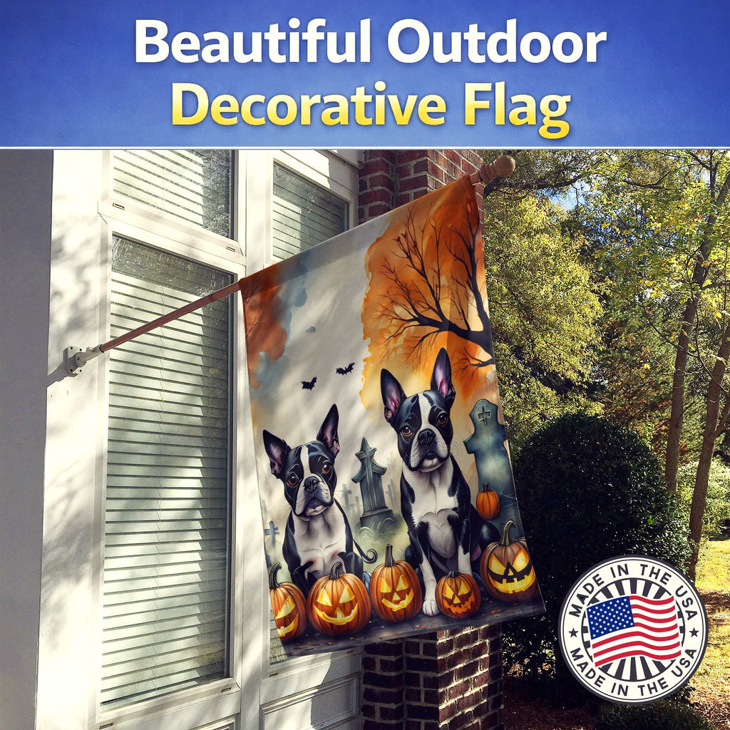 Boston Terrier Spooky Halloween House Flag 28x40 Porch Sleeve Pole Decorative Outside Yard Banner Artwork Wall Hanging, Polyester