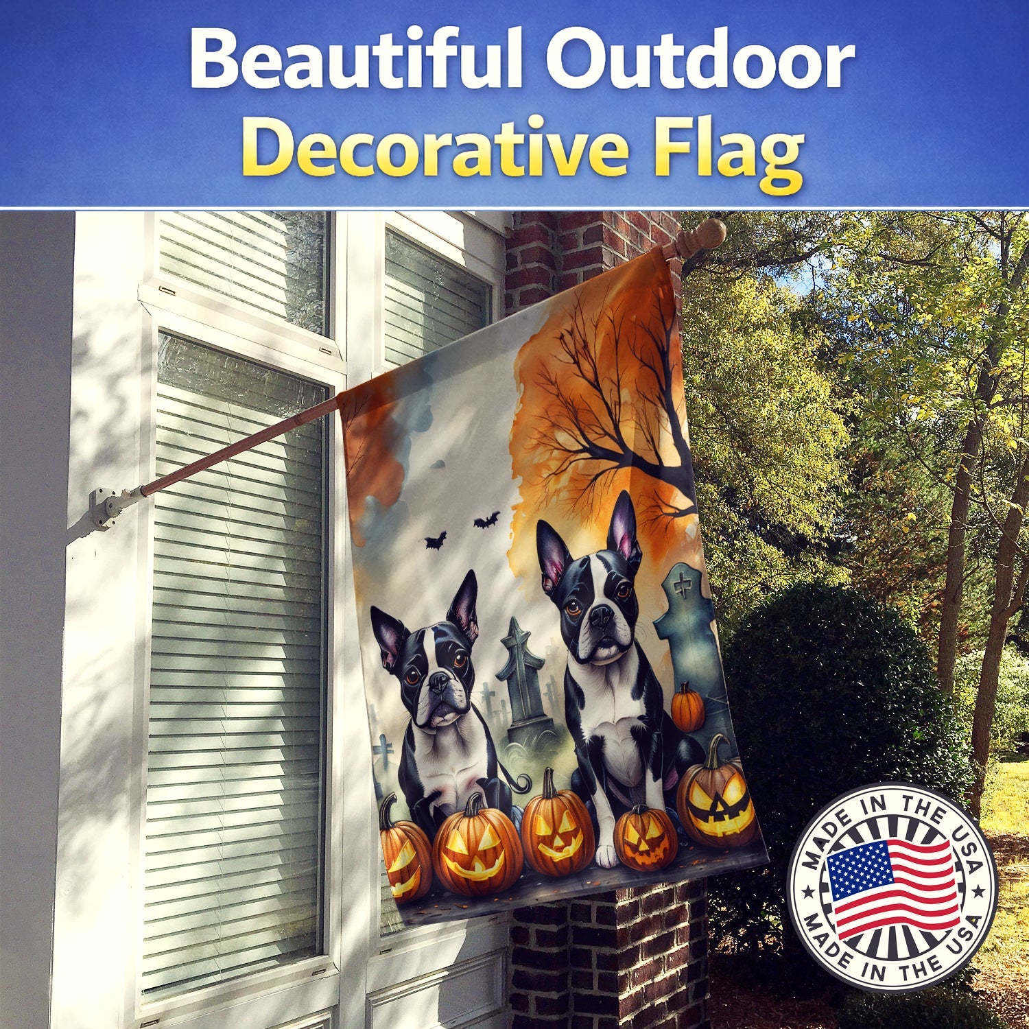Boston Terrier Spooky Halloween House Flag 28x40 Porch Sleeve Pole Decorative Outside Yard Banner Artwork Wall Hanging, Polyester