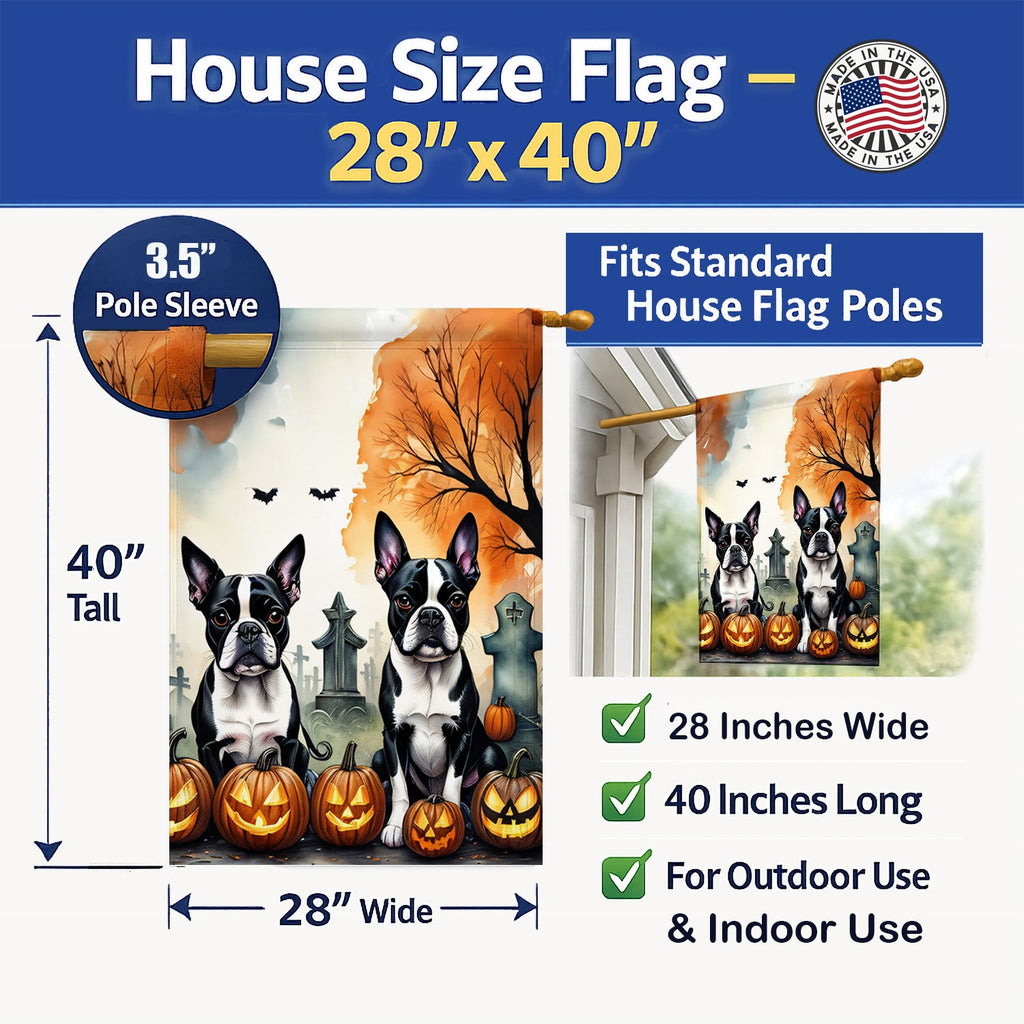 Boston Terrier Spooky Halloween House Flag 28x40 Porch Sleeve Pole Decorative Outside Yard Banner Artwork Wall Hanging, Polyester