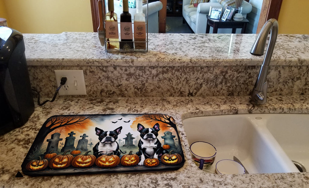 Boston Terrier Spooky Halloween Dish Drying Mat Absorbent Dish Drying Mat Pad for Kitchen Counter Dish Drainer Mat for Countertop, 14 x 21", Multicolor
