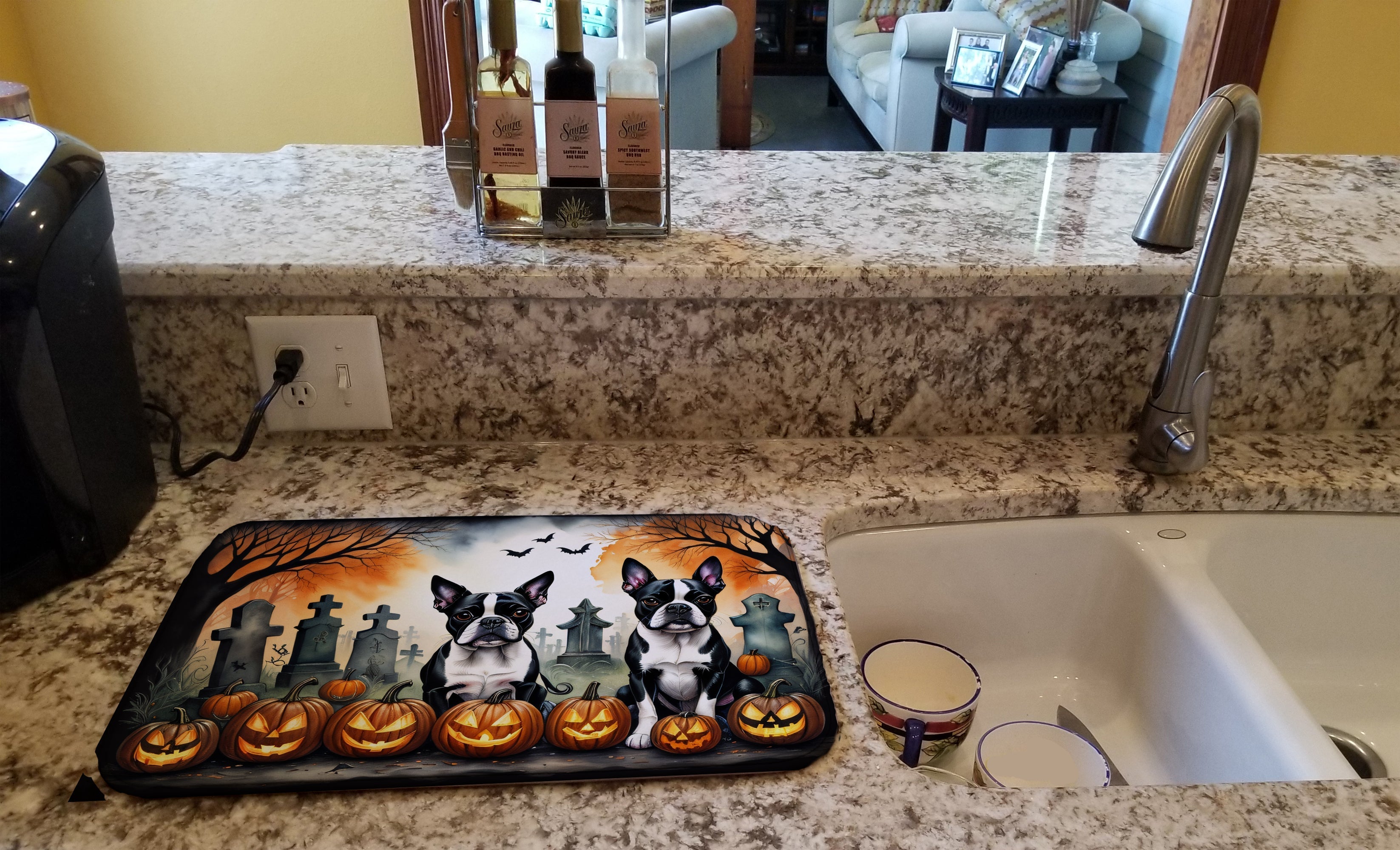 Boston Terrier Spooky Halloween Dish Drying Mat Absorbent Dish Drying Mat Pad for Kitchen Counter Dish Drainer Mat for Countertop, 14 x 21", Multicolor