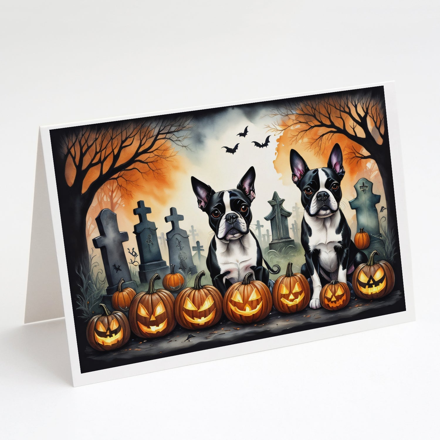 Boston Terrier Spooky Halloween Greeting Cards Pack of 8 Blank Cards with Envelopes Whimsical A7 Size 5x7