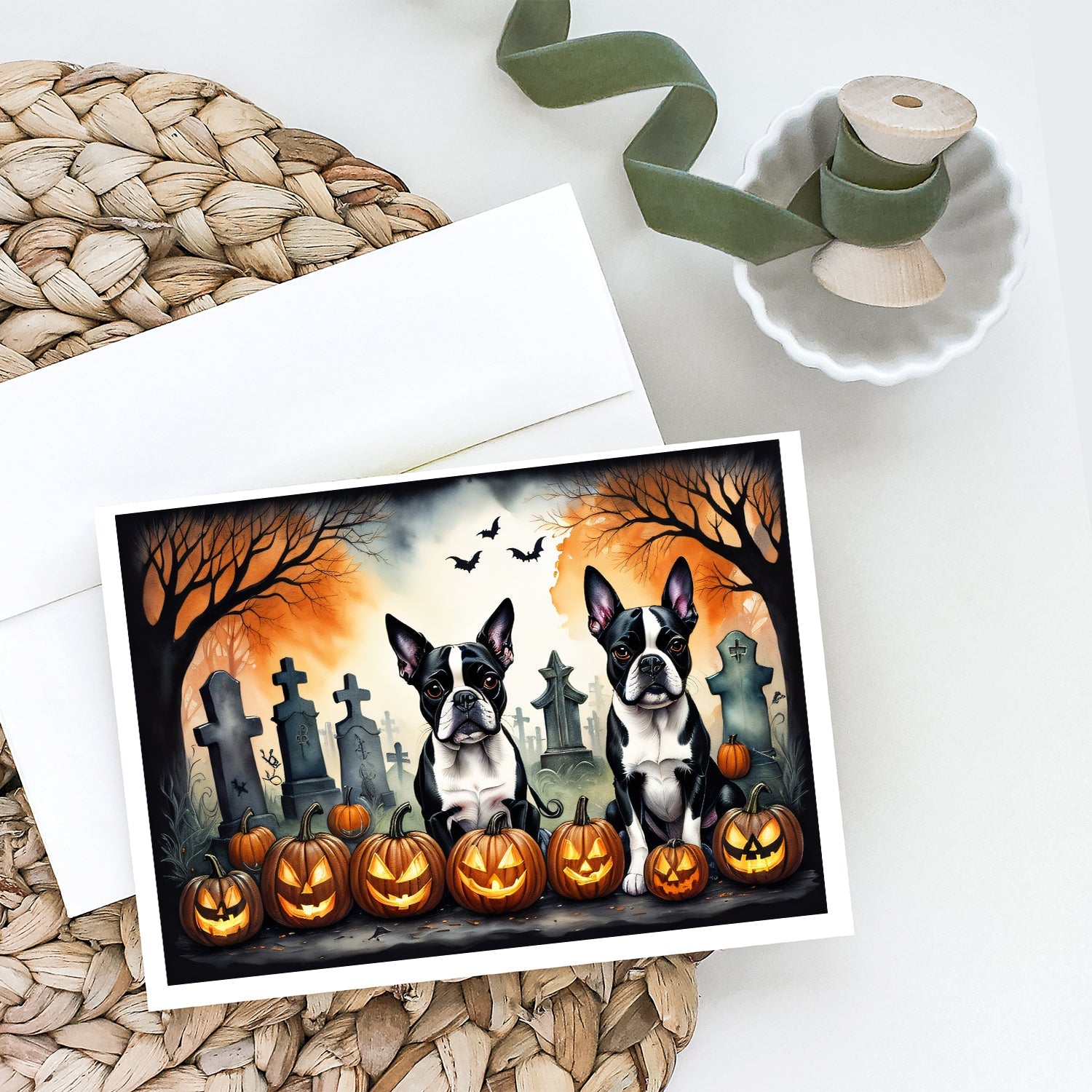 Boston Terrier Spooky Halloween Greeting Cards Pack of 8 Blank Cards with Envelopes Whimsical A7 Size 5x7