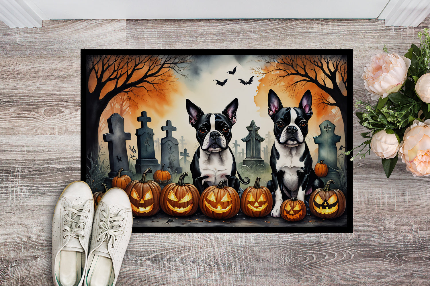 Boston Terrier Spooky Halloween Doormat Indoor Outdoor 24H X 36W Front Door Mat Rugs for Entryway, Non Slip Washable Low Pile,