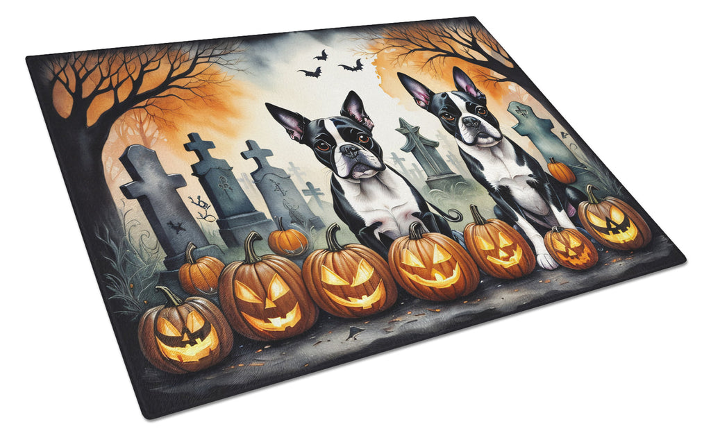 Boston Terrier Spooky Halloween Cutting Board Tempered Glass Kitchen Cutting Surface, Heat Resistant Chopping, Non-Slip Feet, Food Prep & Serving