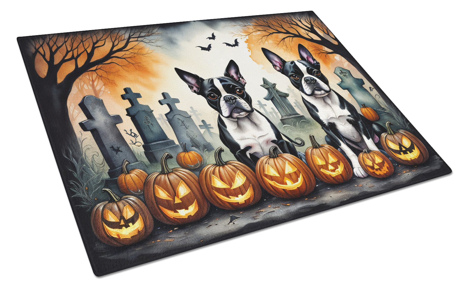 Boston Terrier Spooky Halloween Cutting Board Tempered Glass Kitchen Cutting Surface, Heat Resistant Chopping, Non-Slip Feet, Food Prep & Serving