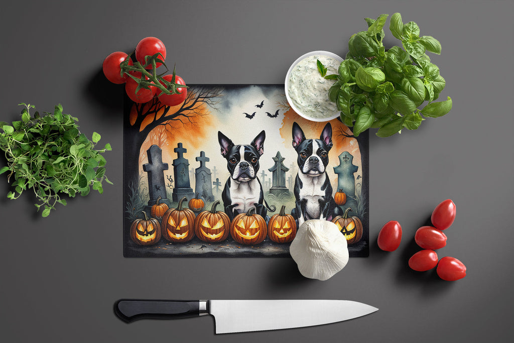 Boston Terrier Spooky Halloween Cutting Board Tempered Glass Kitchen Cutting Surface, Heat Resistant Chopping, Non-Slip Feet, Food Prep & Serving