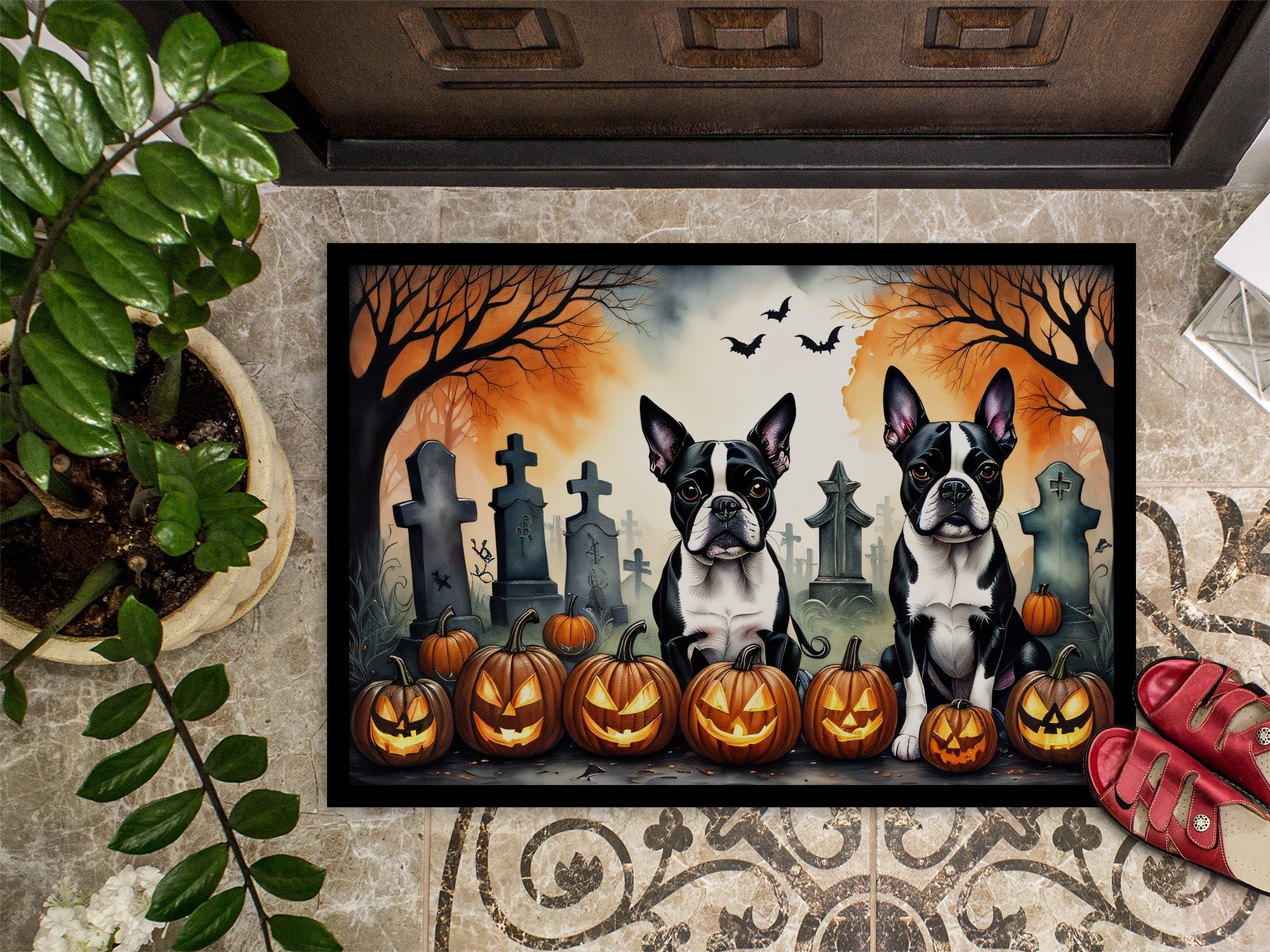 Boston Terrier Spooky Halloween Doormat Indoor Outdoor 18H X 27W Front Door Mat Rugs for Entryway, Non Slip Washable
