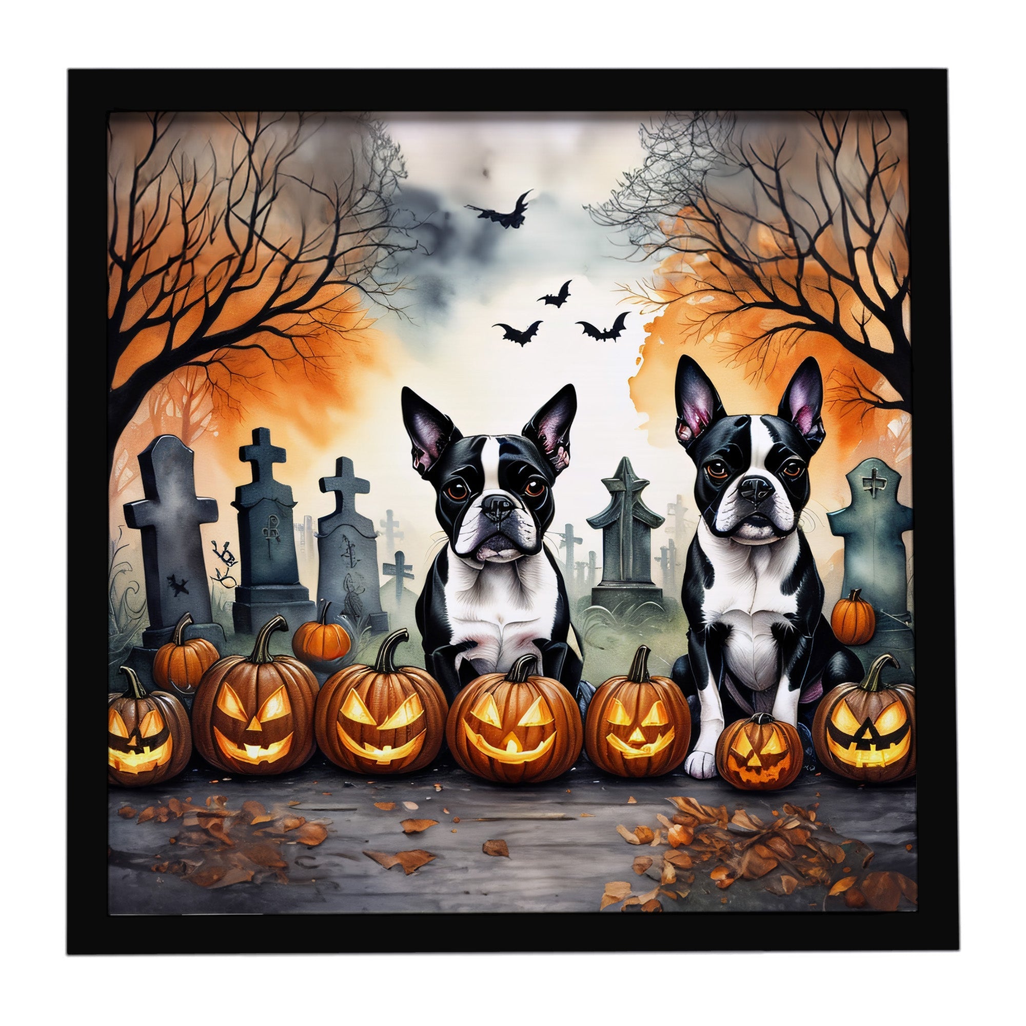 Boston Terrier Spooky Halloween Framed Metal Print Bathroom, Kitchen, Office, Home Decor Wall Art Ready to Hang, Square, 8X8