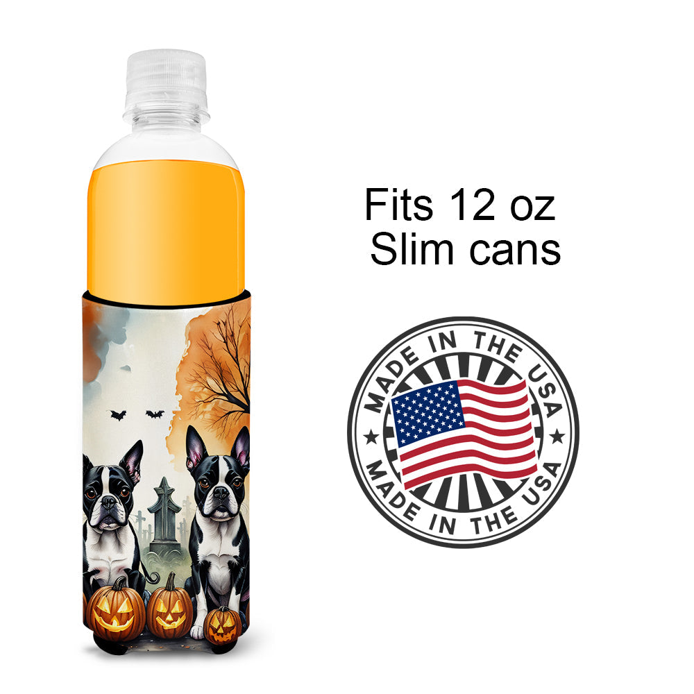 Boston Terrier Spooky Halloween Slim Can Hugger , Insulated Foam Hugger for 12 oz Slim Cans, Beer Bottles & Water Bottles, Printed in USA