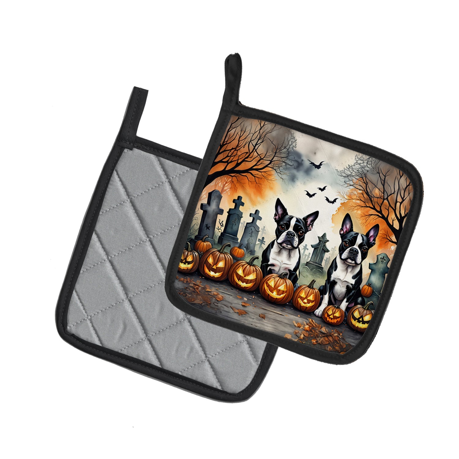 Boston Terrier Spooky Halloween Pot Holder Set of 2 Heat Resistant Quilted Hot Pads 7.5 x 7.5 Inch, Insulated Kitchen Trivets for Cooking & Baking
